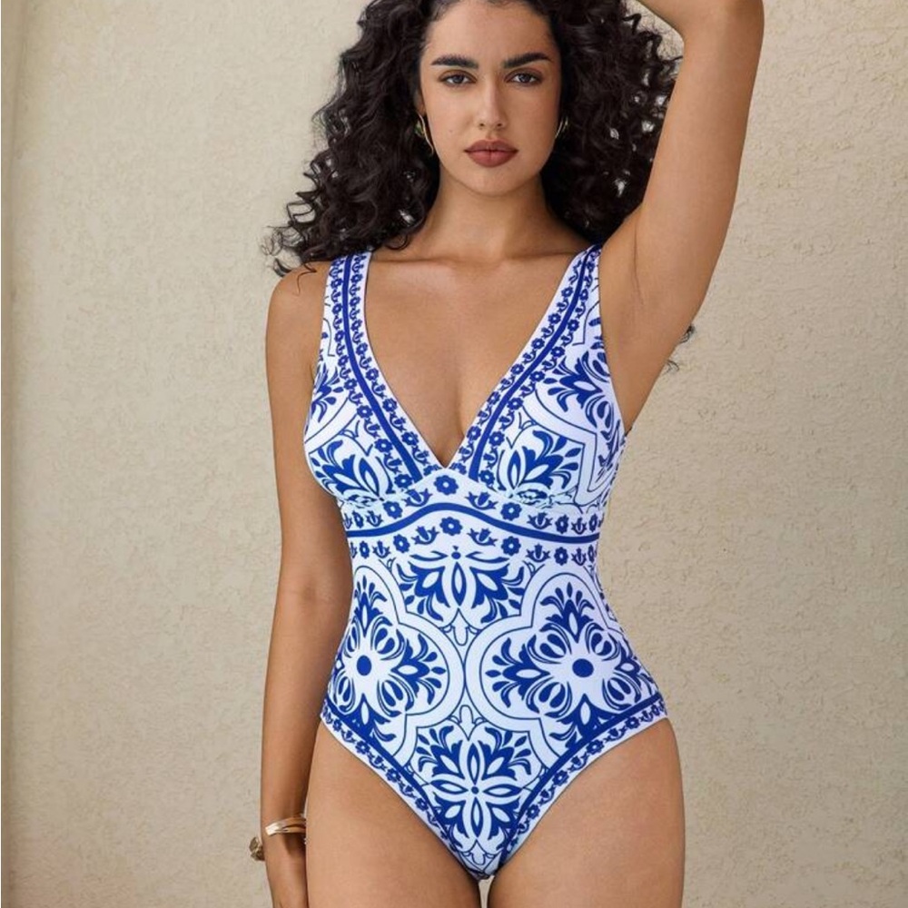 SHEIN Blue and White Porcelain One-Piece Swimsuit